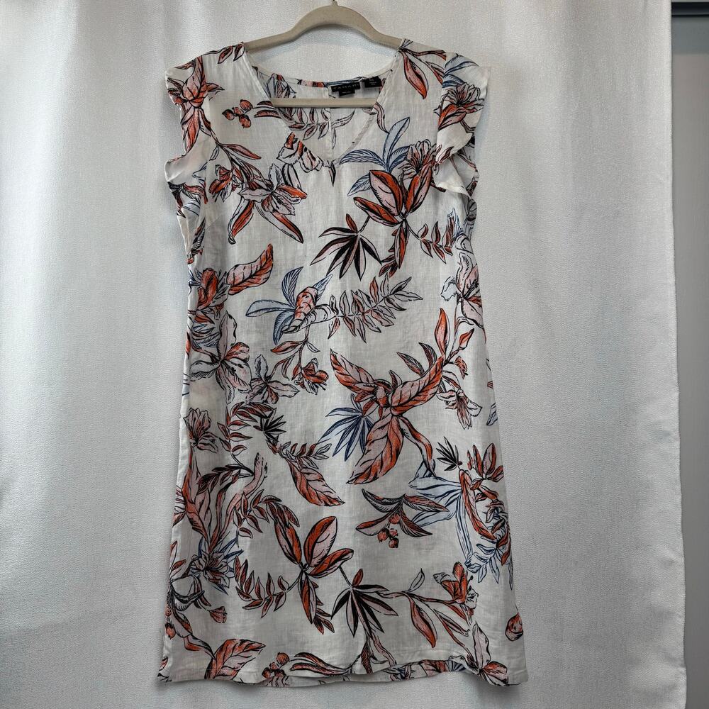 Tahari 100% Linen Orange Blue Sleeveless Tropical Leaf Print Dress Size Small